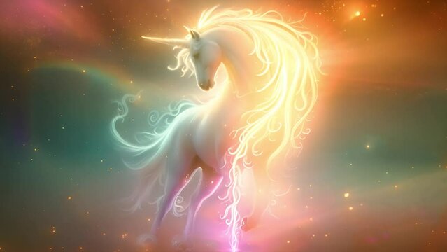 Unicorn in magical fantasy landscape pink neon colors. Unicorn concept, magic design with stars and pastel sky 4k video Soft background beauty spark