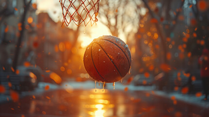basketball ball in a net close up on the street