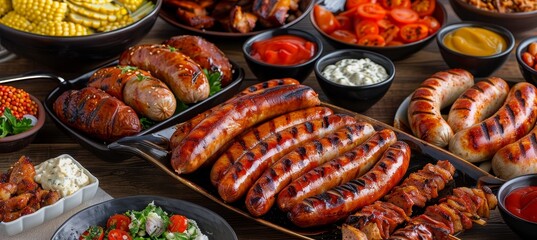 Delicious barbecue dinner spread with golden grilled sausages on clean table setting