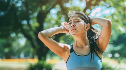 An exhausted and sweaty young Asian woman in sportswear is fighting the heat wave while running in a park on a sunny summer day. summer activity, heat stroke, dehydrated