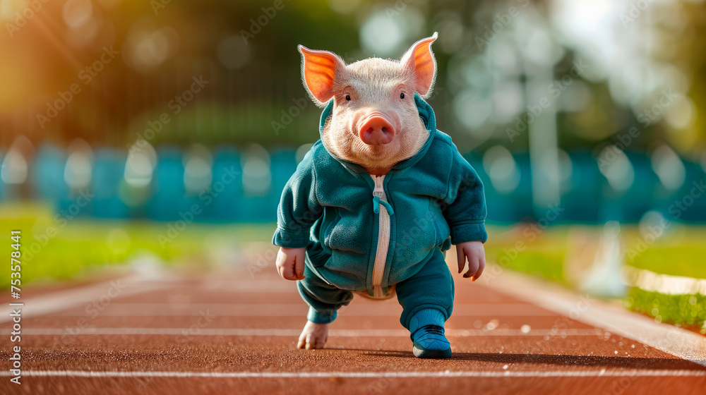 Wall mural a pig wearing a sports track suit and one sport shoe, stands on the stadium jogging track