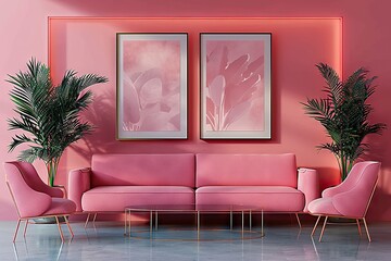 Elegant Living Room Interior with Pink Aesthetic: A Modern Sofa, Artistic Wall Frames, and Lush Green Plants Enhancing the Ambiance