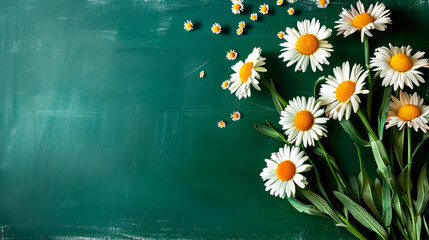 White daisy flowers on green chalkboard, copy space. Back to school concept.