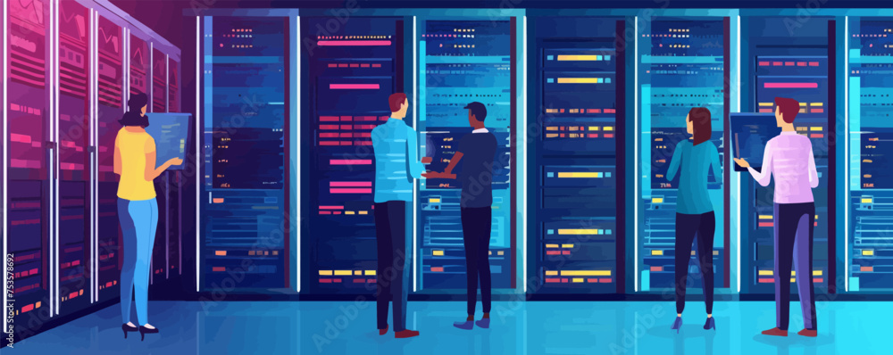 Poster a group of people are standing in front of a row of computer servers. vector illustration