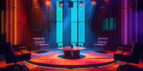 Empty Game Show Talk Show Set With Stage Lights, Chairs, and a Table. Concept of Television Production, Studio Ambiance, Entertainment Setup, Stage Lighting, Talk Show Atmosphere, Showbiz Setting - obrazy, fototapety, plakaty