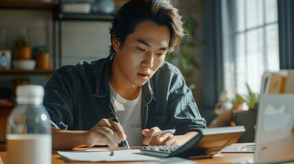 Asian man is using a calculator to calculate his family's monthly miscellaneous expenses at his home. - obrazy, fototapety, plakaty