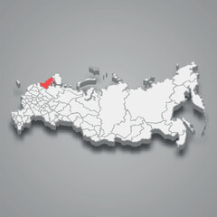 Karelia region location within Russia 3d map