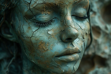 The girl's face is under a thick layer of cracked paint