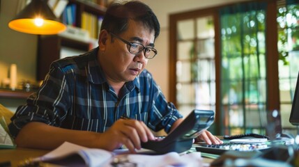 Asian man is using a calculator to calculate his family's monthly miscellaneous expenses at his home. - obrazy, fototapety, plakaty