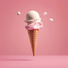 Foto auf Alu-Dibond AI Generated creative flying scoop of ice cream in waffle cone on pink background. © illust_unicorn