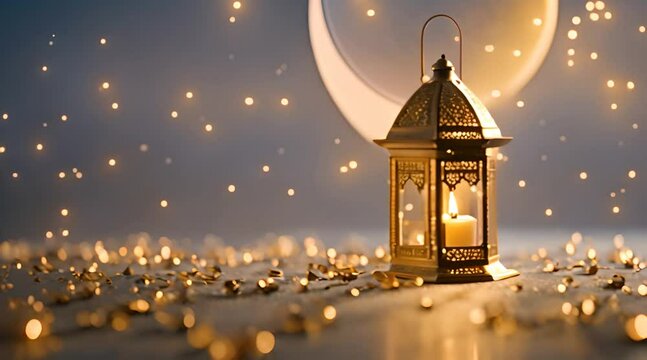 ramadan lantern with candle in a day light lighting and gold crescent moon, with diamond in a light background colors