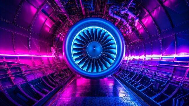Complex aircraft jet engine, featuring vibrant pink and blue hues cast a glow on the showcasing advanced turbine blades and propulsion technology—ideal for themes of innovation, speed, and aerospace.