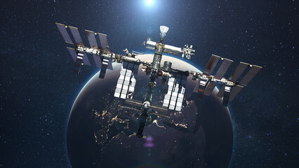The ISS flies on the background of the blue planet Earth with the light of the sun. Space mission...