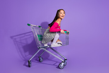 Full length photo of sweet adorable lady dressed pink top riding supermarket trolley empty space...