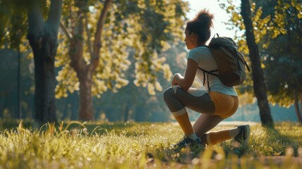 Woman wearing sport clothes with backpack sit on the knee - obrazy, fototapety, plakaty