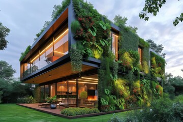 Fototapeta na wymiar A modern house with a futuristic exterior covered in lush vertical gardens, creating a verdant oasis in the heart of the city