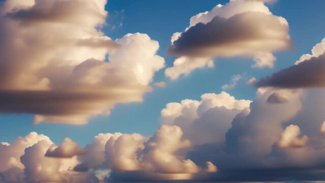 The beauty of a summer day is encapsulated in a time lapse, showcasing the dynamic blue sky and the ever-changing white clouds. Solar cycles concept. 4K video clips. Timelapse. Summer sky background.
