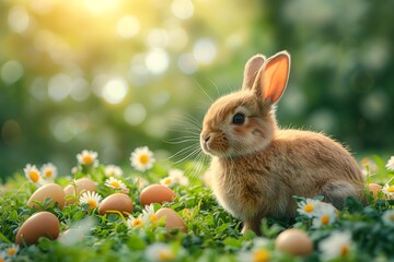 Fototapeta premium Osterhase im Sonnenschein auf Wiese mit Ostereiern, Hase mit bunten Eiern, Konzept Ostern