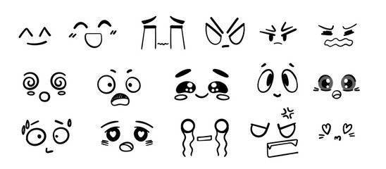 Set of hand-drawn cartoon anime expressions and doodle signs, arrows, emoticon effects, design elements, symbols. Character emotion symbols, cute doodle drawing