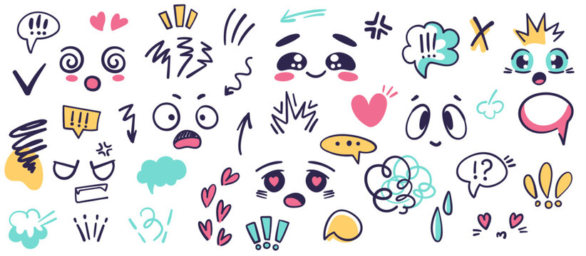 Anime emotion effect big set.  Expressions speech bubble, hearts, mark points in comic doodle style. Vector illustration