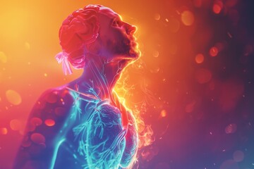Vibrant portrait of a person with a 3D heart hologram representing health and technology - Powered by Adobe