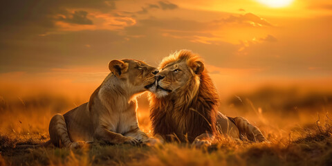 a couple of lions showing unity and love - obrazy, fototapety, plakaty