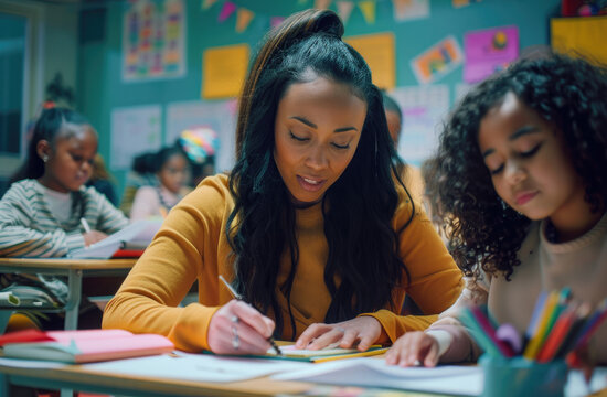 A black female teacher in her late thirties is helping a girl with long hair write on paper at desks, surrounded by other students sitting behind their desks in a classroom with a colorful back