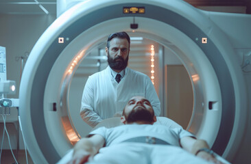 A male doctor in white stands next to the man lying on an MRI scanner - obrazy, fototapety, plakaty