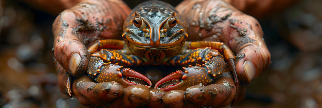 Close Up of Hands Holding a Marron,
Marbled rock crab