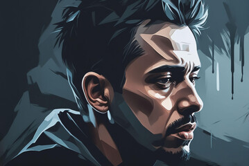 Profile portrait of a careless and discouraged man, with mental problems, depression, stress, anguish, sadness, addictions, digital art