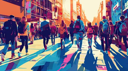 Poster City Life: People Walking Along a Bustling Urban Street. Retro Modernist Minimal Pop Art Style © Lila Patel