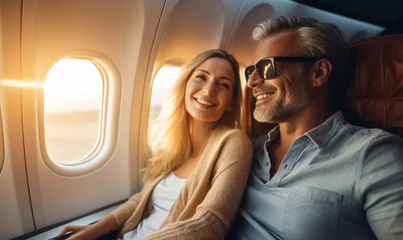 Foto op Plexiglas Oud vliegtuig Happy smiling couple is flying in an airplane in first class, travel relax and recharge
