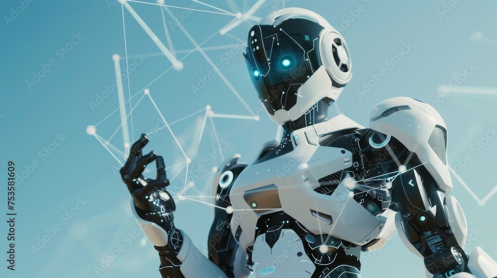 Poster white robot in digital network with floating dots and lines, 3d rendering, futuristic concept.