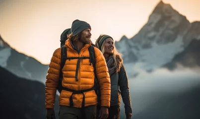 Photo sur Plexiglas Himalaya Couple hiker traveling, walking in Himalayas under sunset light.