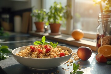Gesundes Müsli am Morgen, Haferflocken mit Obst in der Küche, Konzept gesunde Ernährung, gesundes Frühstück - obrazy, fototapety, plakaty
