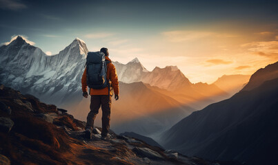 Male hiker traveling, walking alone in Himalayas under sunset light. Man traveler enjoys with backpack hiking in mountains. Travel, adventure, relax, recharge concept.	