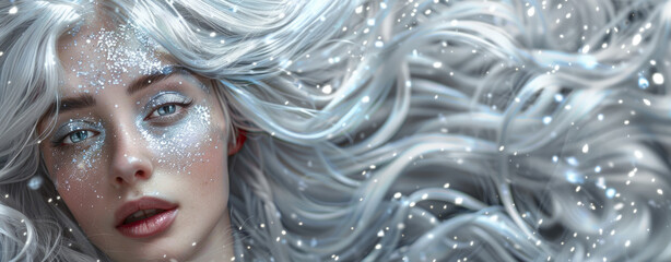 Beautiful woman with white hair and silver glitter on her face, with flowing hair against a silver...