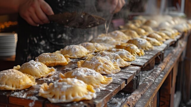 A series of freshly prepared empanadas dusted with powdered sugar on a wooden tray at a street food stall.