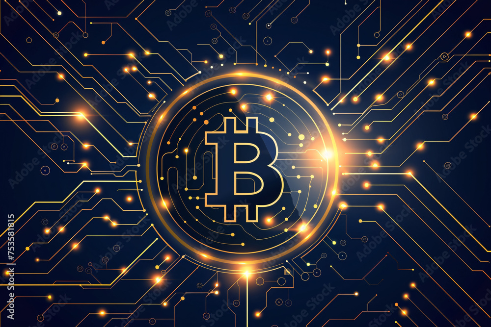 Poster bitcoin symbol with glowing circuit lines on a blue background