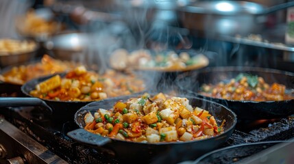 Steam rises from a variety of spicy and savory dishes cooking in large pans at an energetic street food market.