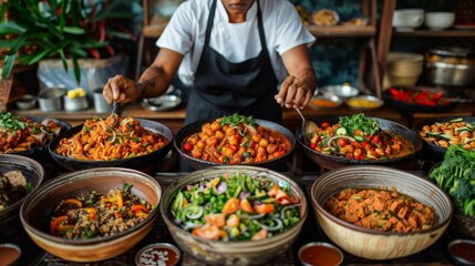Obraz premium A chef garnishes an array of Thai dishes with fresh herbs, showcasing the rich and vibrant cuisine in a kitchen setting.
