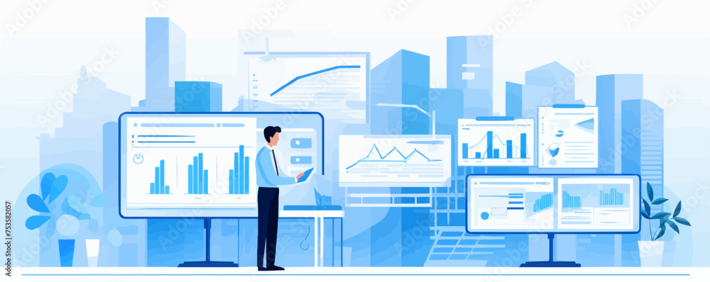 Poster a man is standing in front of a computer monitor with a city background. vector illustration