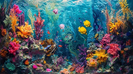 A colorful underwater seascape showcasing a diverse coral reef with abundant fish and marine plants.