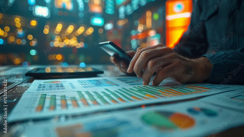 Aufkleber business documents on office table with smart phone and digital tablet and graph financial with soci