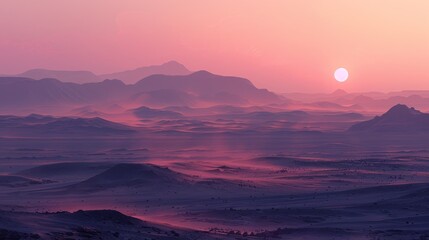 A serene sunrise unfolds over a vast desert landscape, casting a soft pink glow over the undulating dunes and distant mountains.