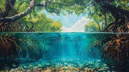 A unique perspective of a sun-drenched mangrove forest, revealing the vibrant life above and beneath the water's surface.