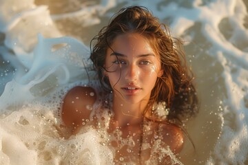 Obraz premium Young Woman Relaxing in Sunlit Ocean Waves, Golden Hour Beach Scene with Water Foam