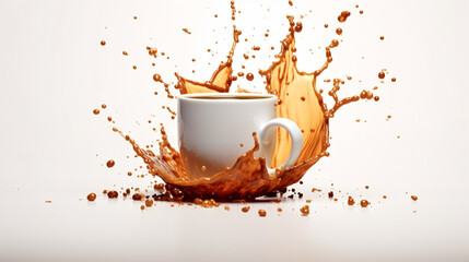 Pouring coffee creating splash surrounded by coffee beans. Coffee splash on white background with coffee beans