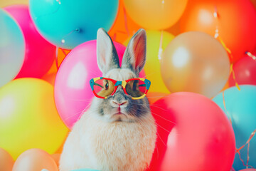Cute Easter bunny with balloons. Easter party. Generative Ai - 753582820