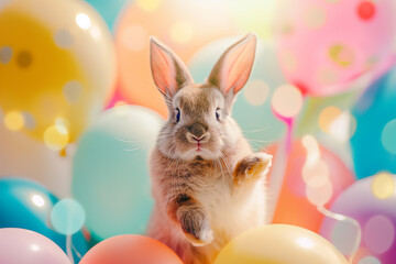 Cute Easter bunny with balloons. Easter party. Generative Ai - 753582861